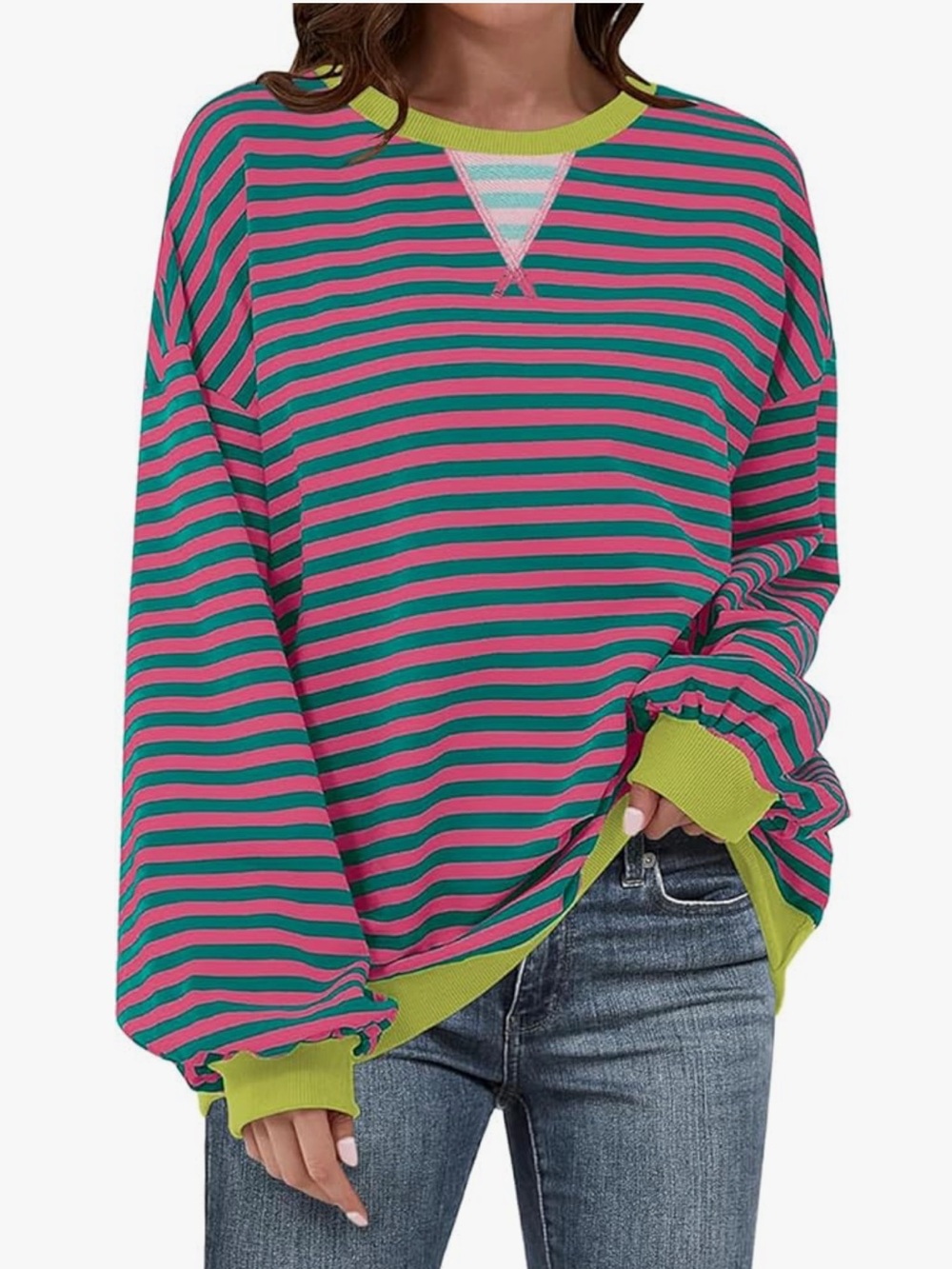 UEU Striped Tee in Teal, Pink & Neon Green Trim